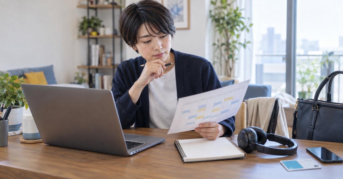 自宅のデスクで求人票と勤務カレンダーを確認する転職希望者