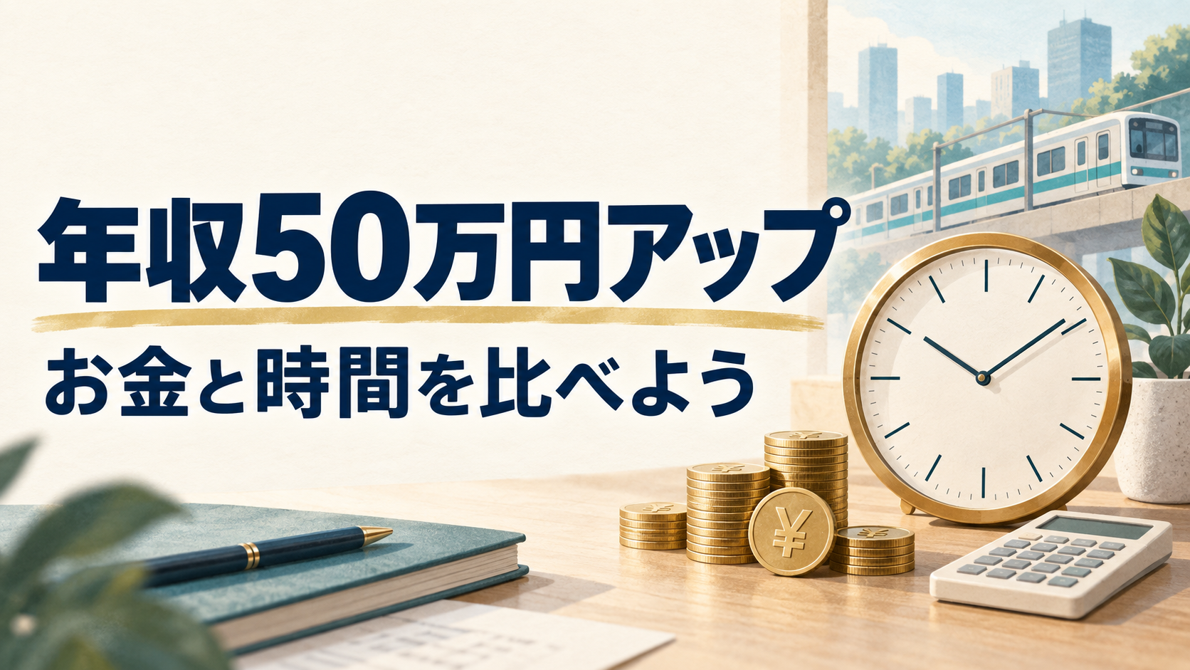 年収50万円アップの転職を、お金と時間の両面で比べるイメージ。時計、硬貨、通勤電車を描いたアイキャッチ。